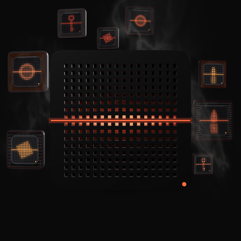 Matte black lattice screen facing you, ember light glowing through the holes along its middle line.